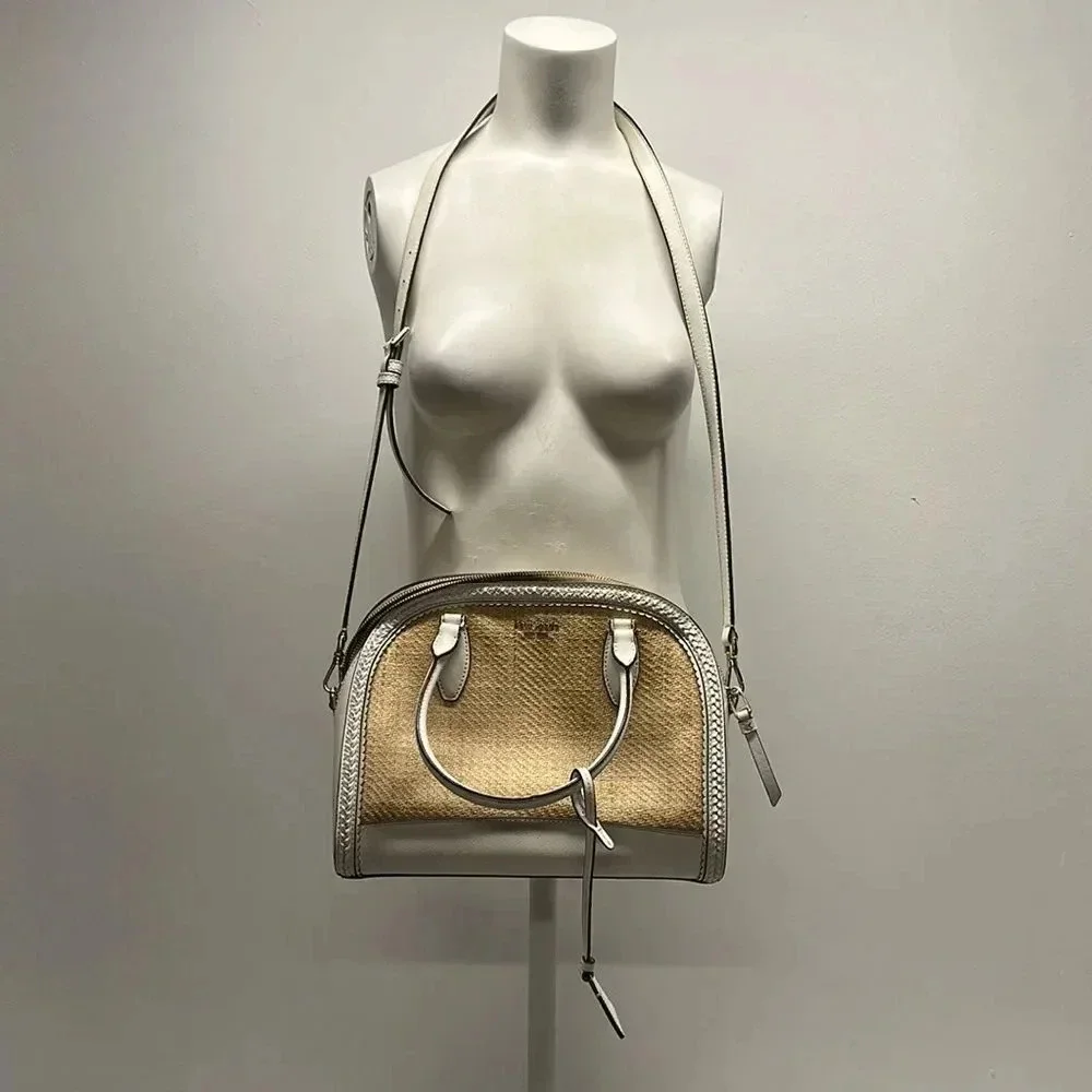 Kate Spade Reiley Dome Satchel Purse Handbag Straw Wicker Leather Trim White